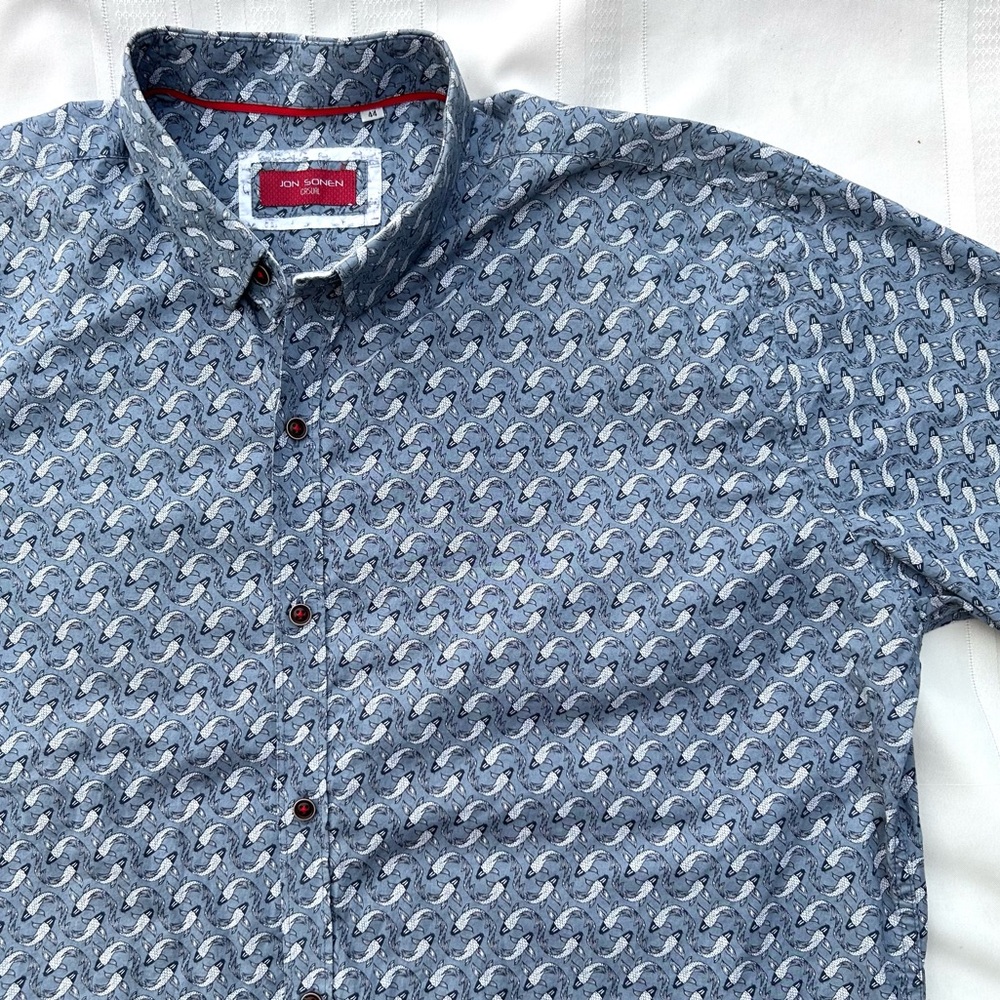 Jon Sonen casual shirt button down koi fish print  white blue mens aize 44 / xxl